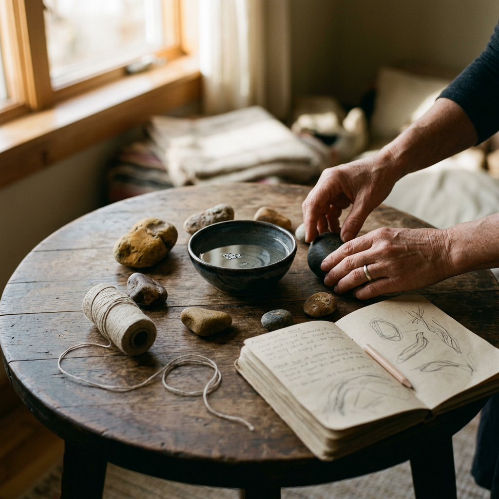 Hands arranging stones beside a bowl, twine, and open sketchbook